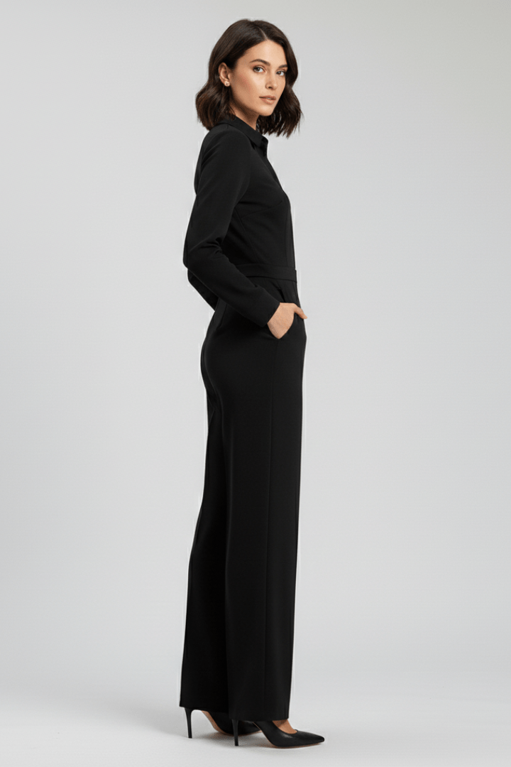 Women’s Tailored Wide-Leg Jumpsuit with Collared Neckline