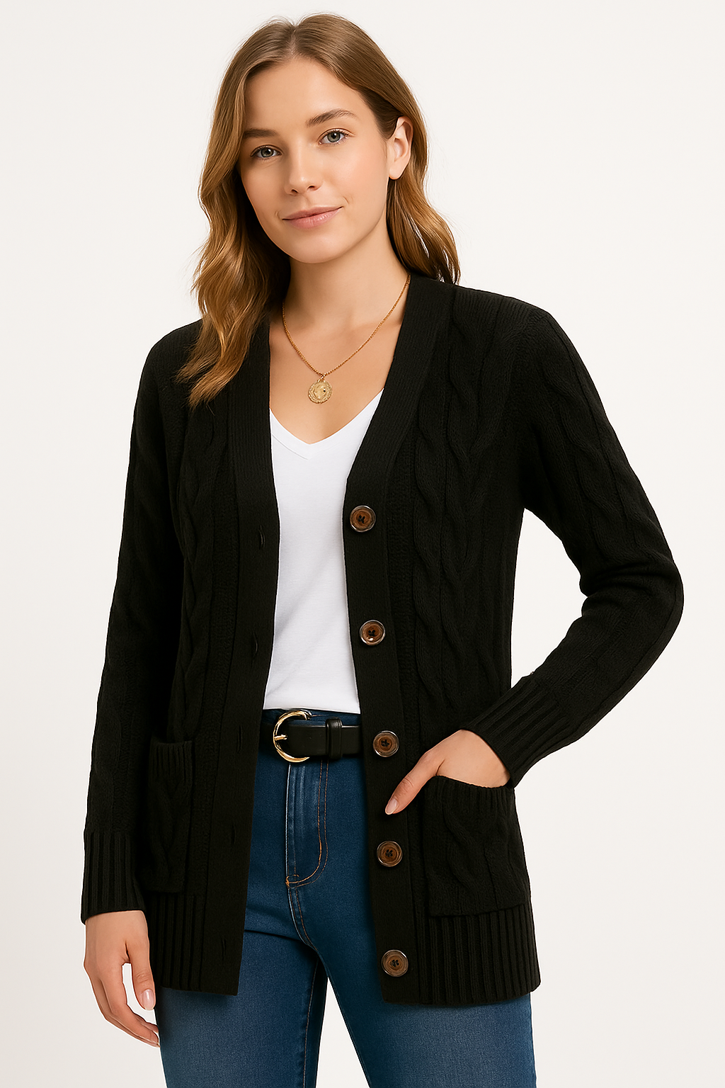 Women’s Classic Cable Knit Cardigan for Everyday Wear Black