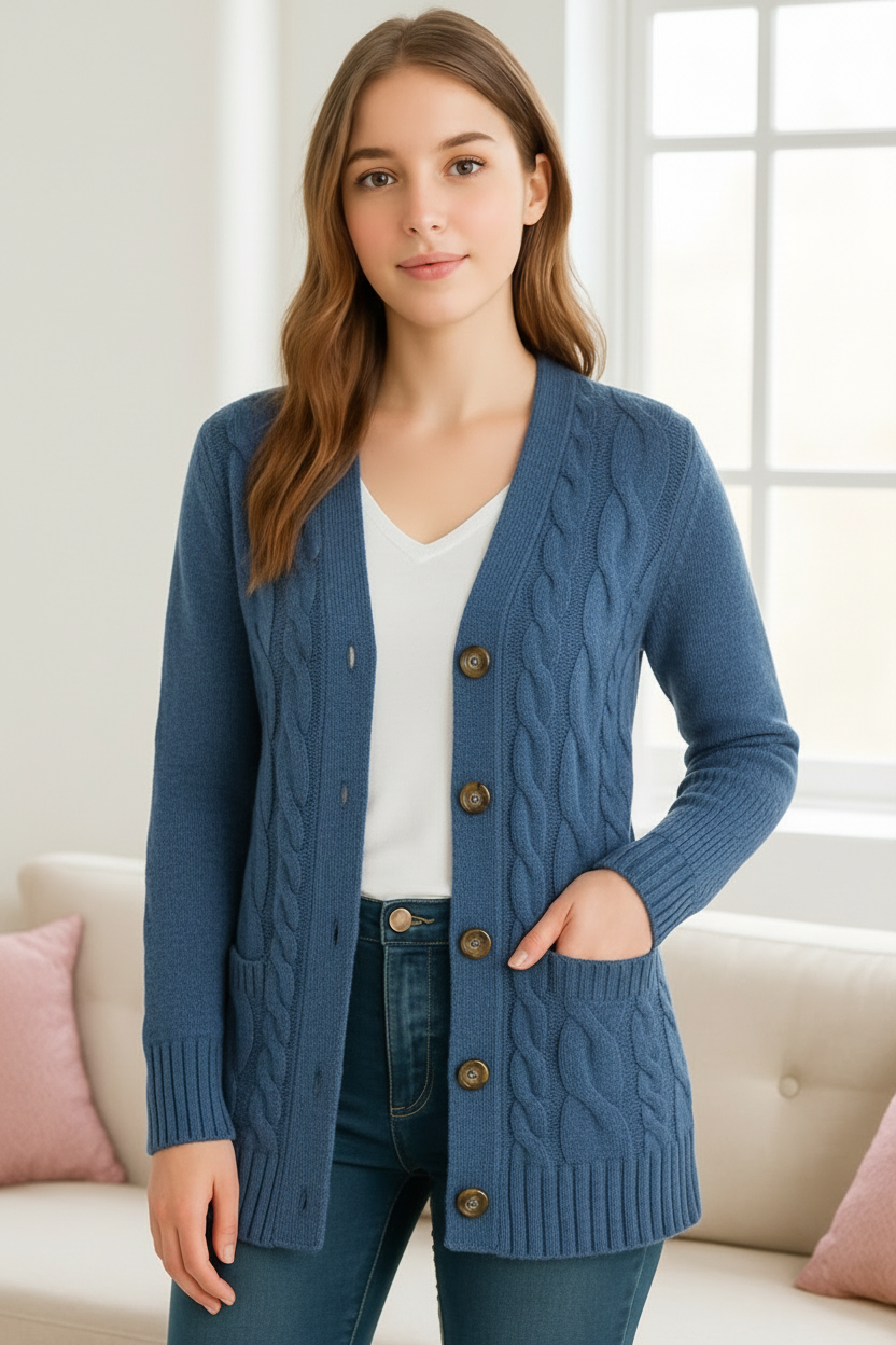 Women’s Classic Cable Knit Cardigan for Everyday Wear Blue