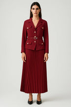 Women’s Double-Breasted Blazer and Pleated Skirt Set Red