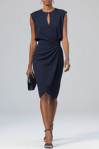 Women’s Elegant Midi Dress with Keyhole Neck and Ruching Navy Blue