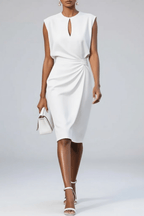 Women’s Elegant Midi Dress with Keyhole Neck and Ruching White