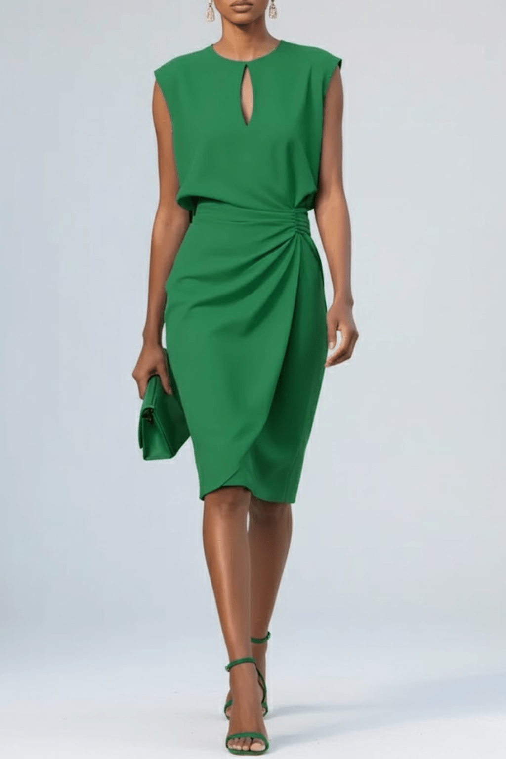 Women’s Elegant Midi Dress with Keyhole Neck and Ruching Green