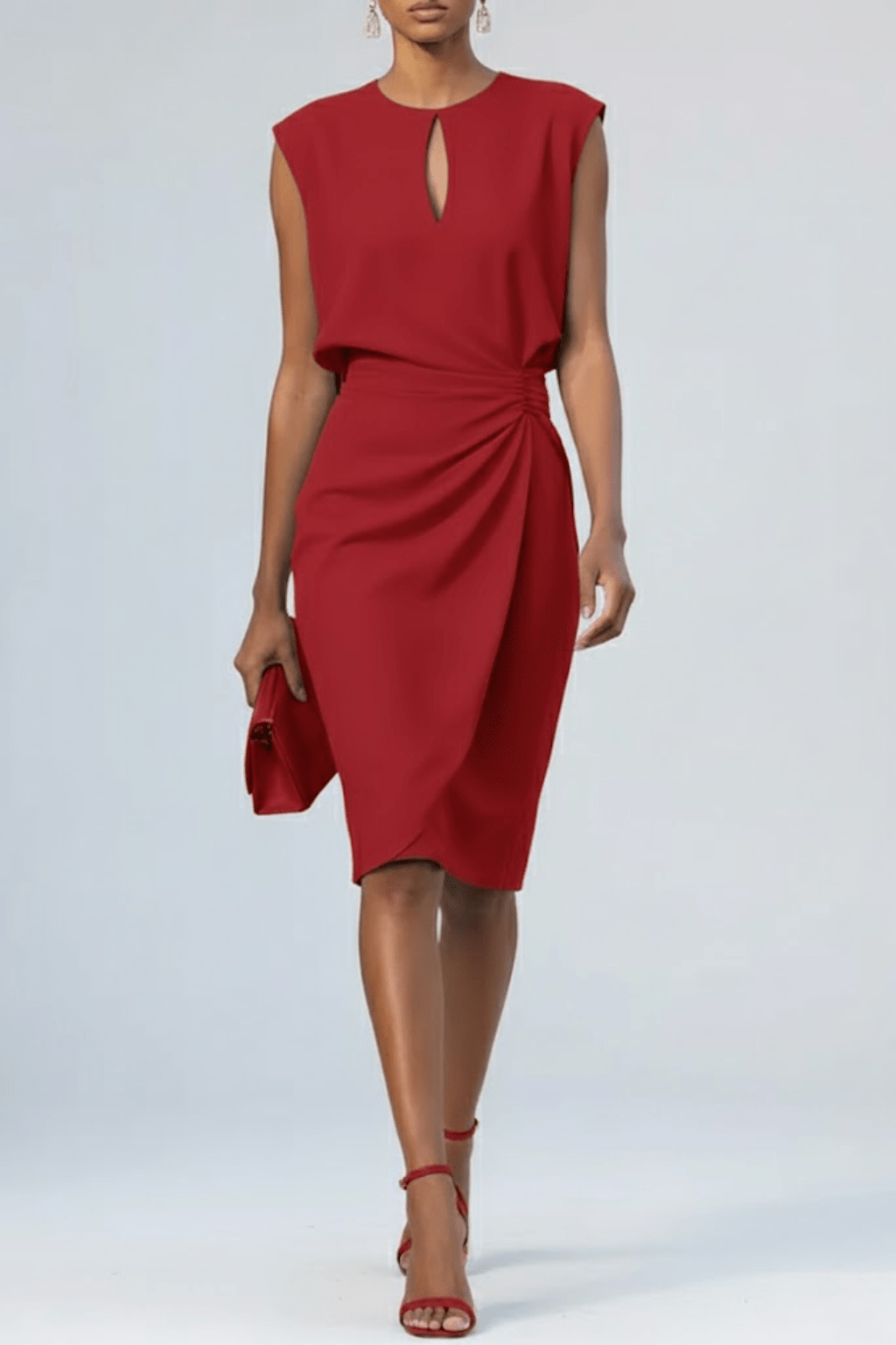 Women’s Elegant Midi Dress with Keyhole Neck and Ruching Red
