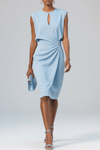 Women’s Elegant Midi Dress with Keyhole Neck and Ruching Light Blue