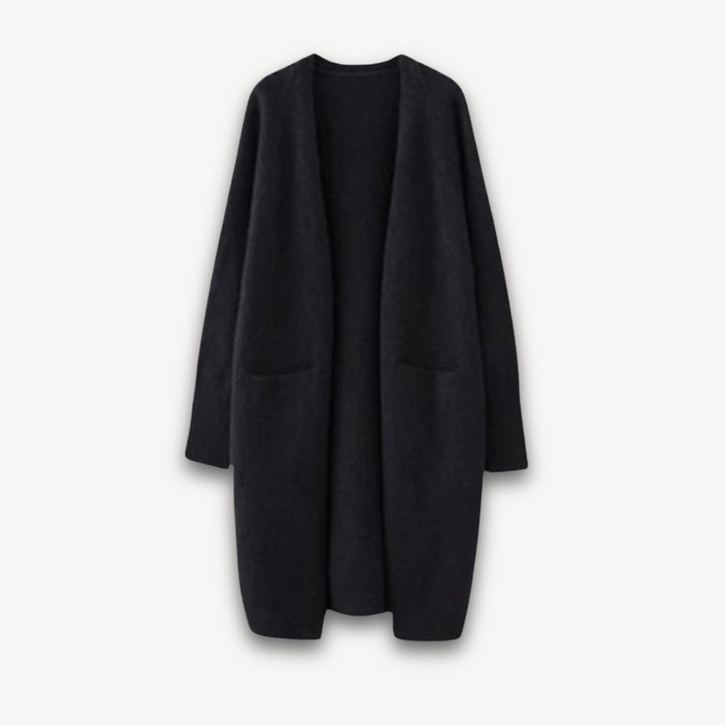 Women’s Long Open Front Cardigan Coat with Patch Pockets Black