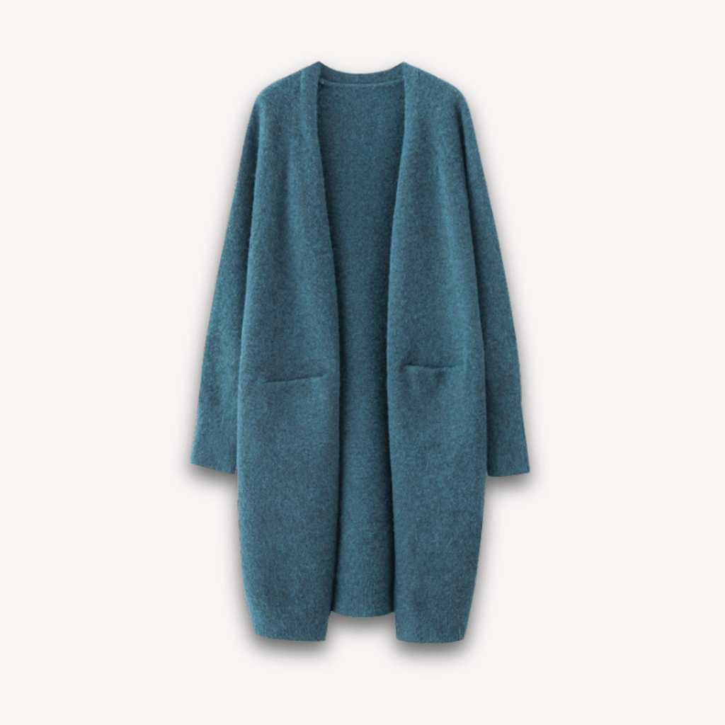 Women’s Long Open Front Cardigan Coat with Patch Pockets Teal Blue