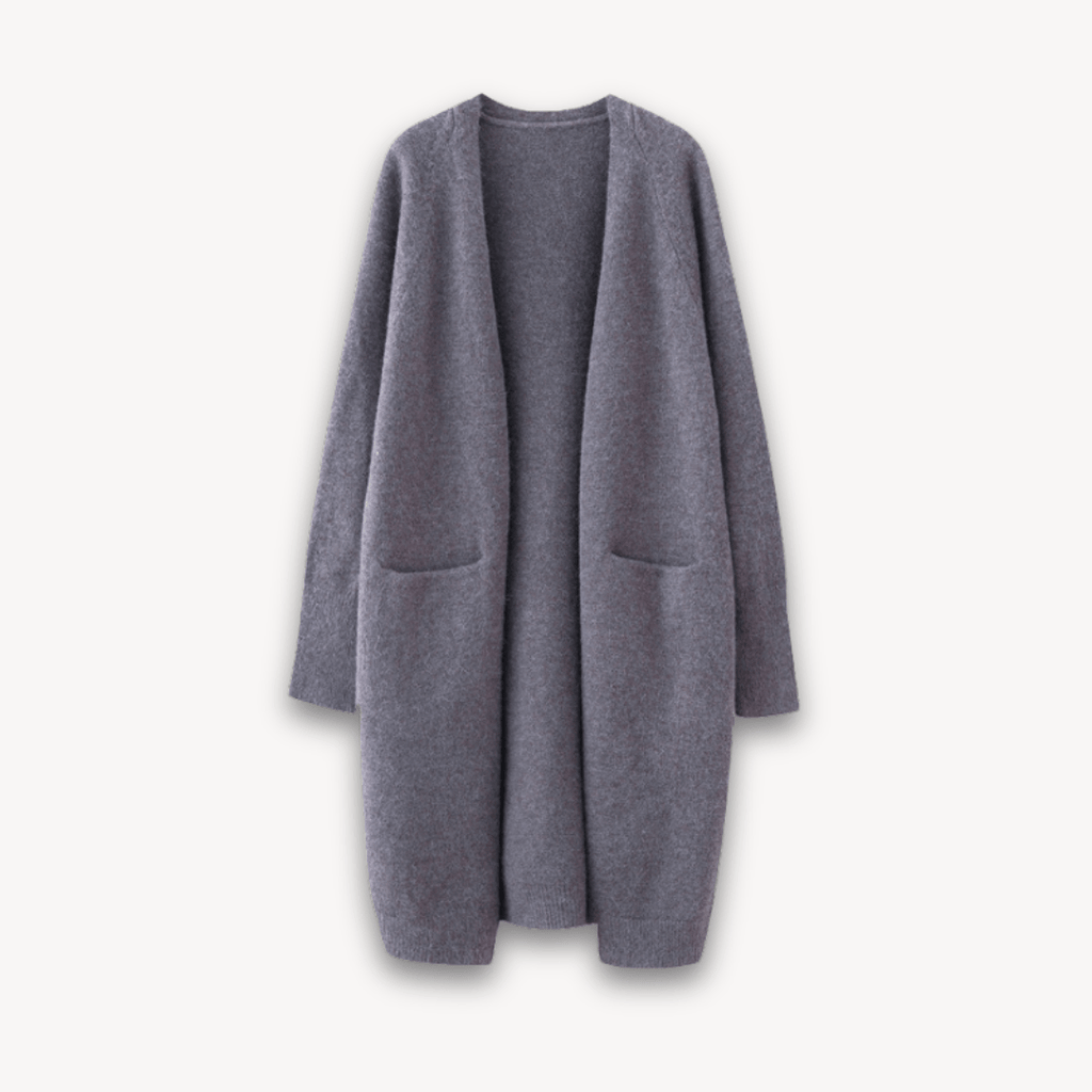 Women’s Long Open Front Cardigan Coat with Patch Pockets Grey