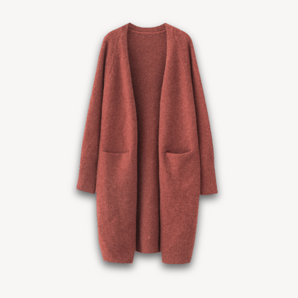 Women’s Long Open Front Cardigan Coat with Patch Pockets Red