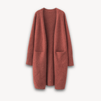 Women’s Long Open Front Cardigan Coat with Patch Pockets Red
