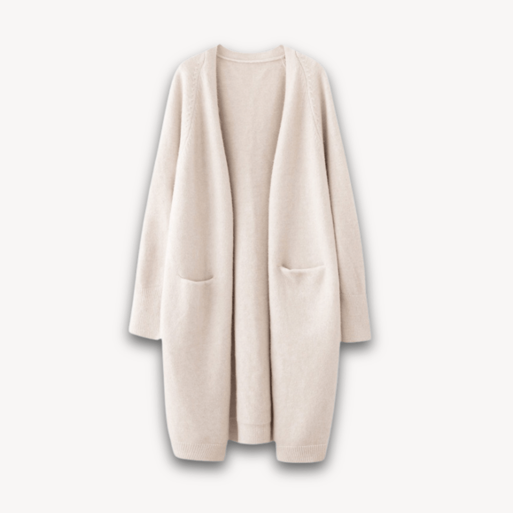 Women’s Long Open Front Cardigan Coat with Patch Pockets Beige