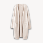 Women’s Long Open Front Cardigan Coat with Patch Pockets Beige