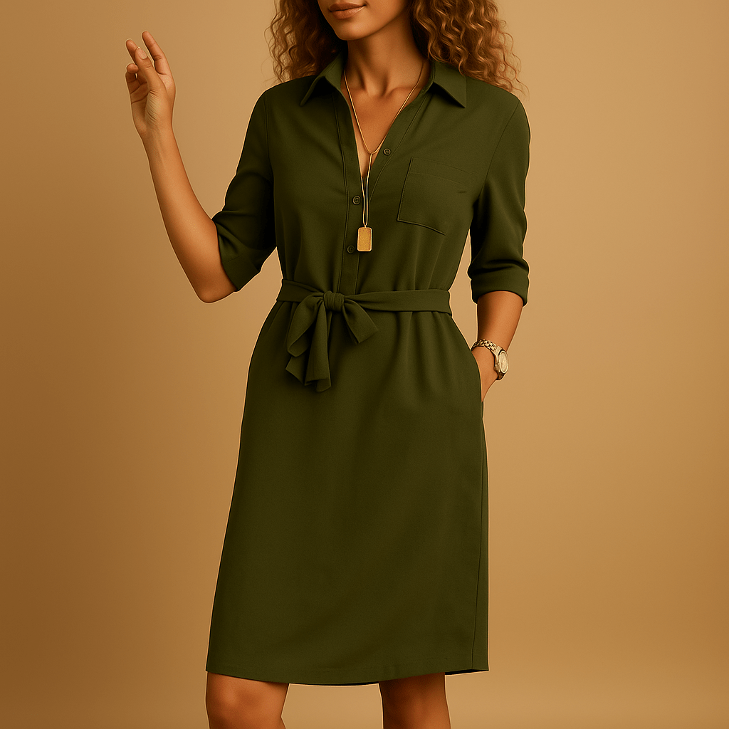 Women’s Classic Blouse Dress with Belt Yellow Green