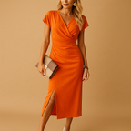 Women’s Elegant Midi Dress with V-Neck and Front Split Orange