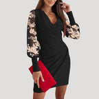 Women’s Elegant Mini Wrap Dress with Sheer Sleeves V Neck Black C