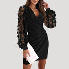 Women’s Elegant Mini Wrap Dress with Sheer Sleeves V Neck