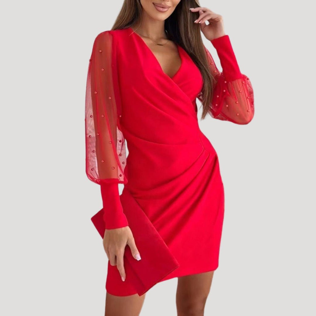 Women’s Elegant Mini Wrap Dress with Sheer Sleeves V Neck Red