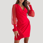 Women’s Elegant Mini Wrap Dress with Sheer Sleeves V Neck Red