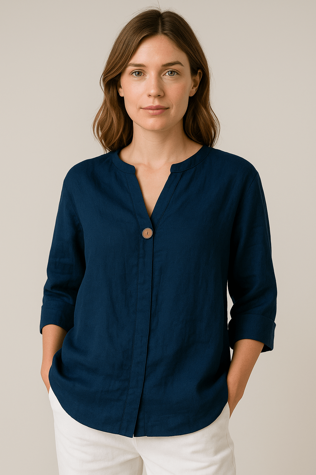 Women’s Relaxed V-Neck Blouse with Button Detail for Summer Styling Navy Blue