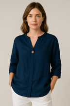 Women’s Relaxed V-Neck Blouse with Button Detail for Summer Styling Navy Blue
