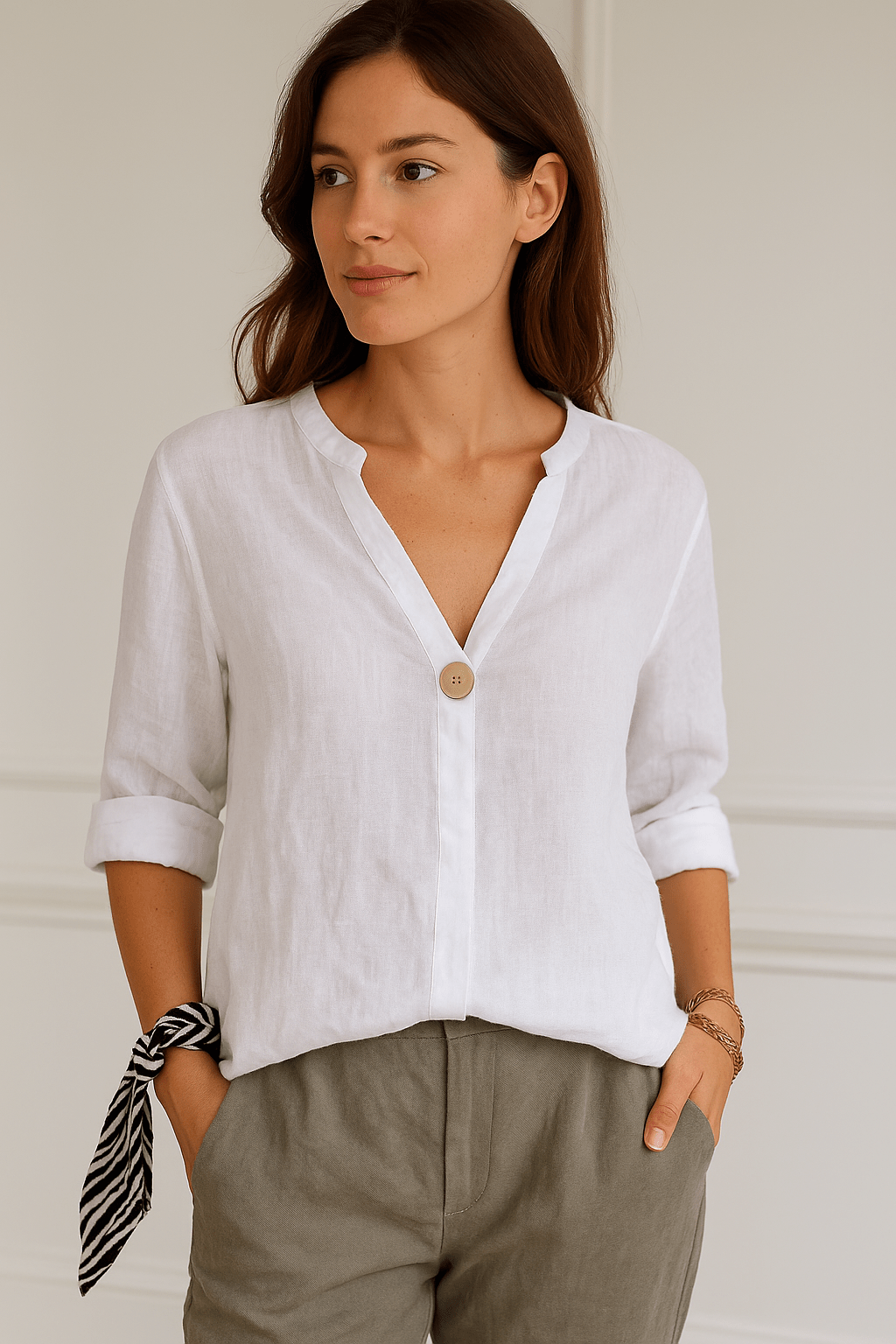 Women’s Relaxed V-Neck Blouse with Button Detail for Summer Styling White