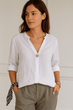 Women’s Relaxed V-Neck Blouse with Button Detail for Summer Styling White