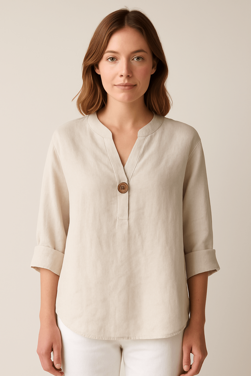 Women’s Relaxed V-Neck Blouse with Button Detail for Summer Styling Beige