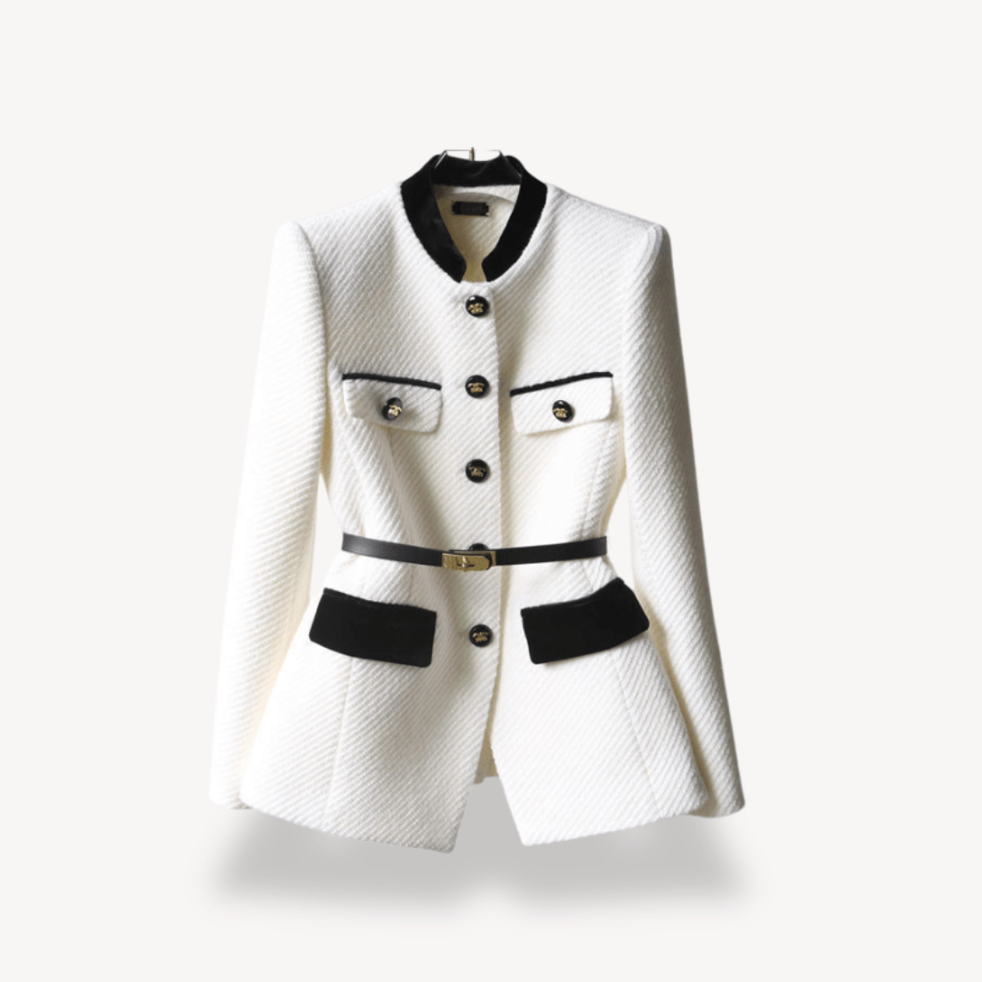 Women’s Tailored Belted Blazer with Button Front Detail White