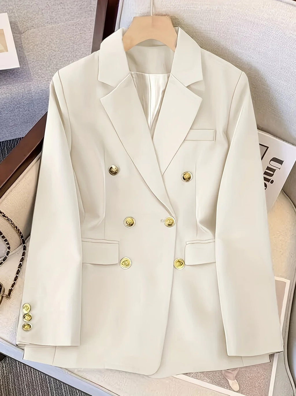 Women’s Tailored Double Breasted Blazer Jacket for Winter Styling Cream