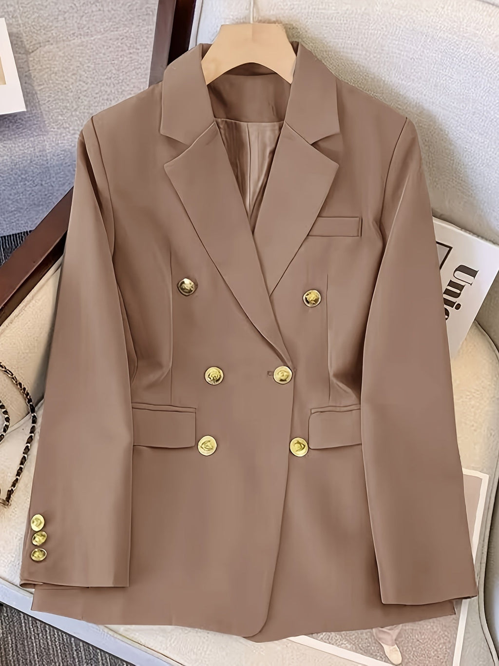 Women’s Tailored Double Breasted Blazer Jacket for Winter Styling Camel