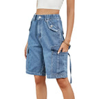 Women’s Mid-Waist Stretch Cargo Shorts for Everyday Comfort Light Blue