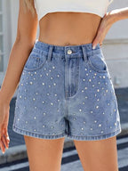 Women’s High Waist Denim Shorts with Rhinestones