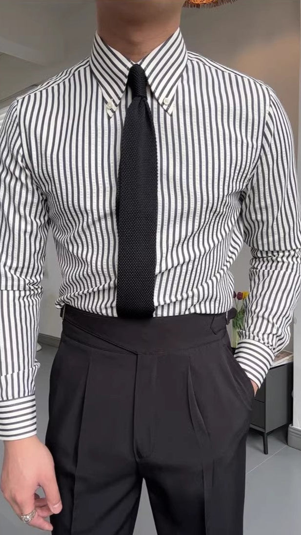 Men’s Classic Striped Long Sleeve Button-Down Shirt Black