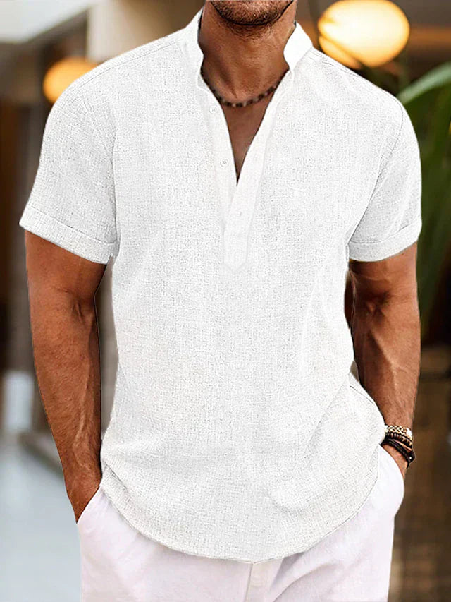 Men’s Classic Short Sleeve Henley Shirt for Summer Casual Wear White