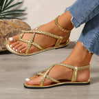 Women’s Braided Flat Sandals for Spring and Summer Casual Wear Gold