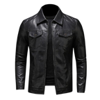 Men's biker jacket in Black with zip front and collar, styled for casual and smart-casual outfits.