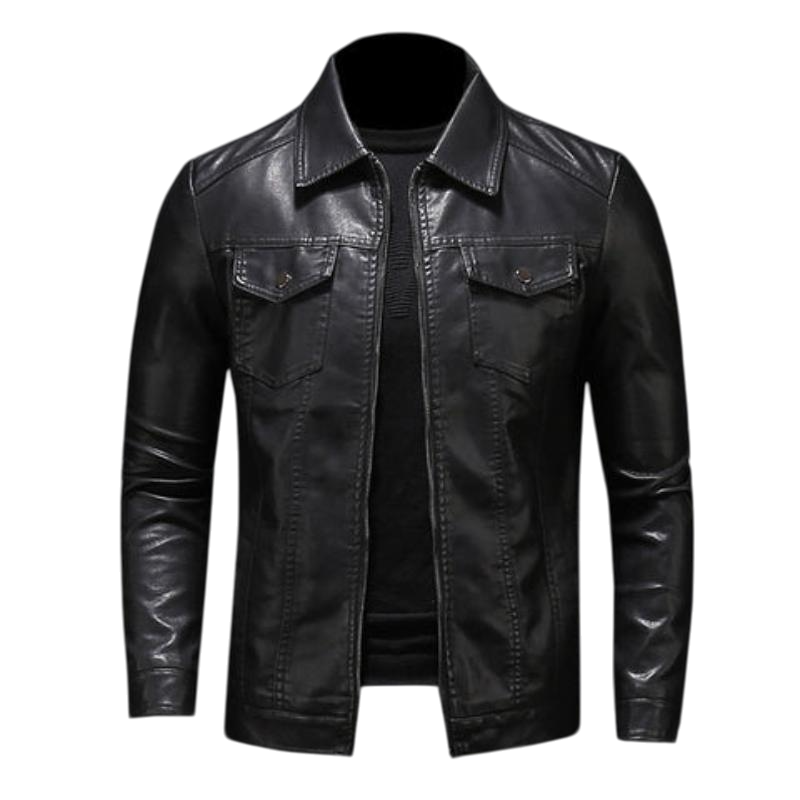 Men's biker jacket in Black with zip front and collar, styled for casual and smart-casual outfits.