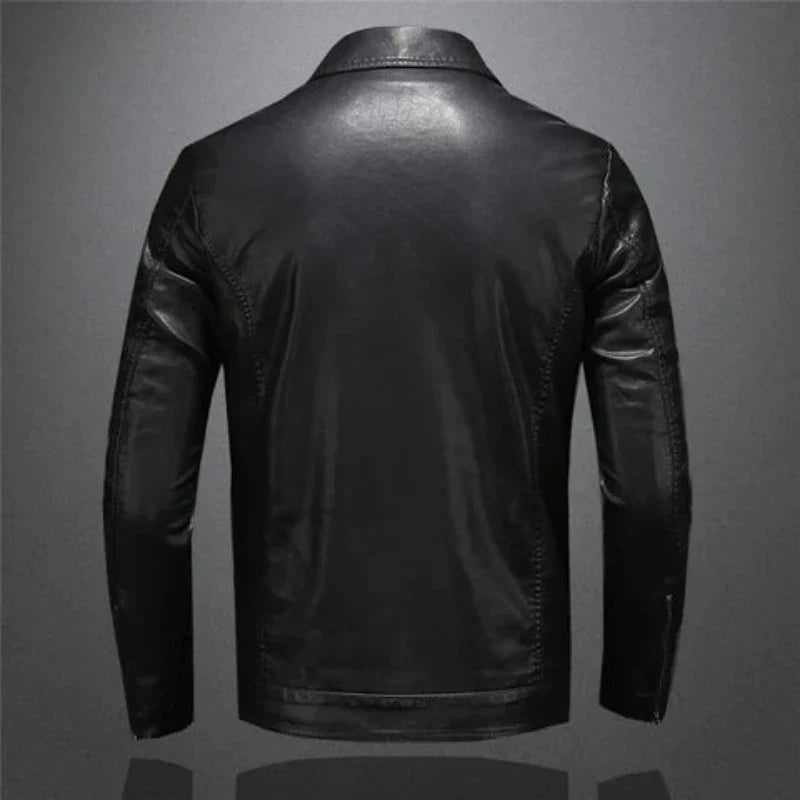 Men's biker jacket in Black with zip front and collar, styled for casual and smart-casual outfits.