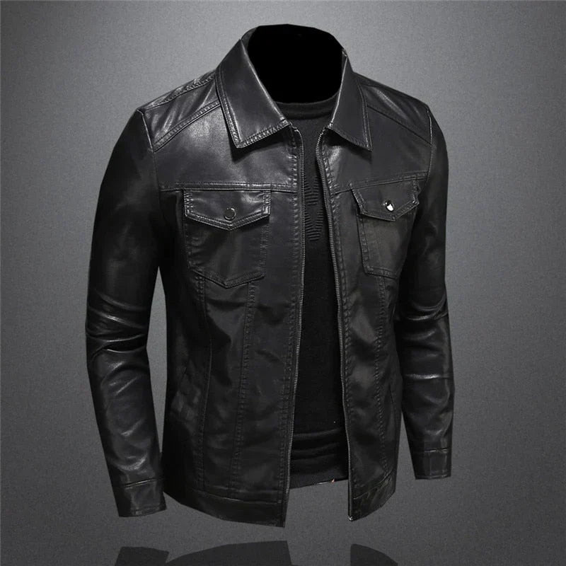 Men's biker jacket in Black with zip front and collar, styled for casual and smart-casual outfits.