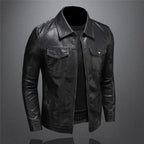 Men's biker jacket in Black with zip front and collar, styled for casual and smart-casual outfits.