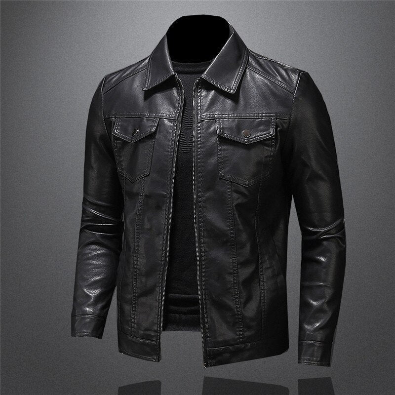 Men's biker jacket in Black with zip front and collar, styled for casual and smart-casual outfits.