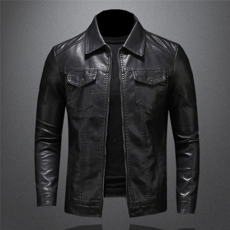 Men's biker jacket in Black with zip front and collar, styled for casual and smart-casual outfits.