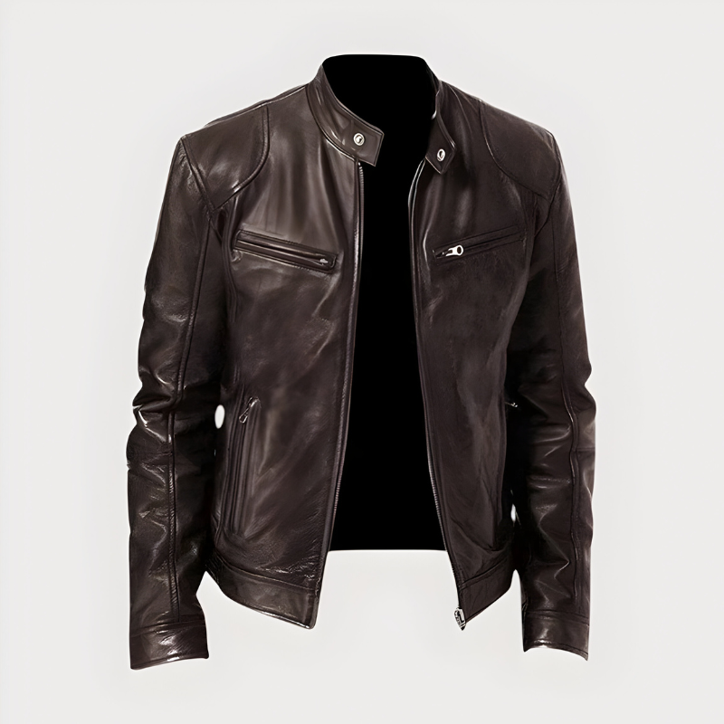 Men’s Classic Biker Jacket with Zip Brown