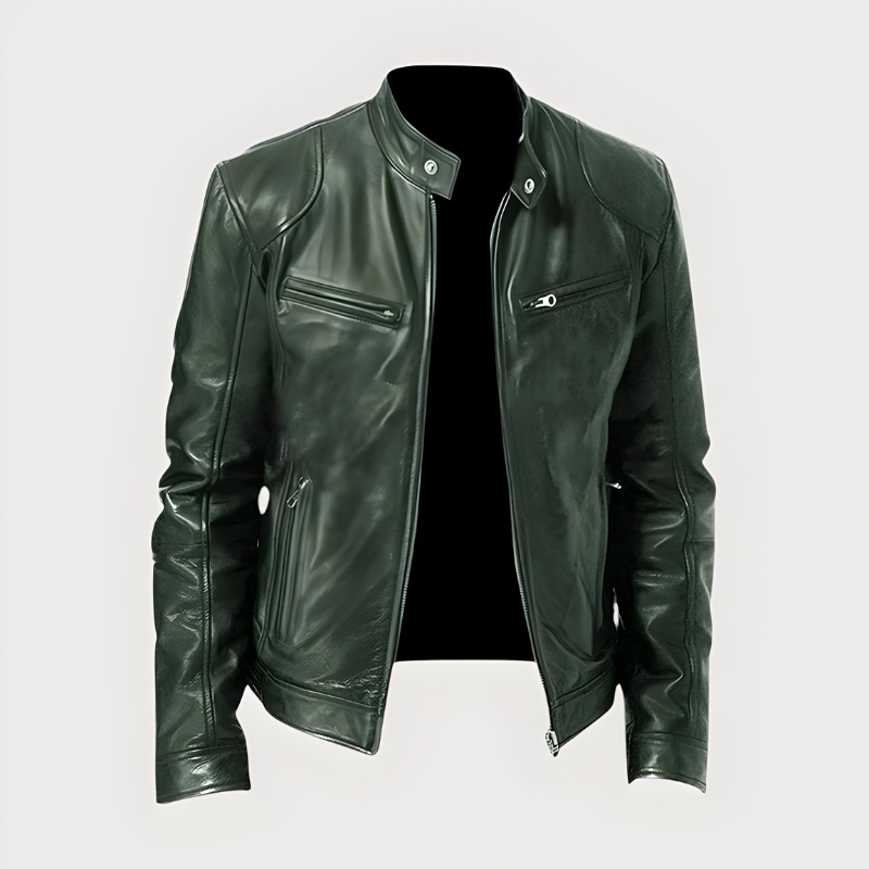 Men’s Classic Biker Jacket with Zip Green