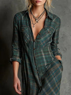 Women's checked dress in green with a structured boho silhouette, styled for casual and smart-casual outfits.