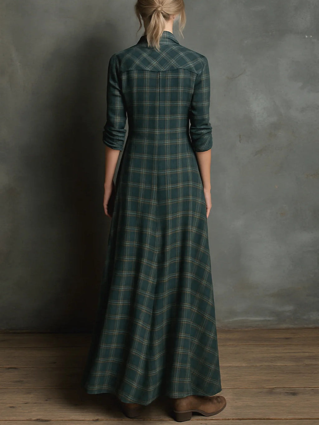 Women's checked dress in green with a structured boho silhouette, styled for casual and smart-casual outfits.