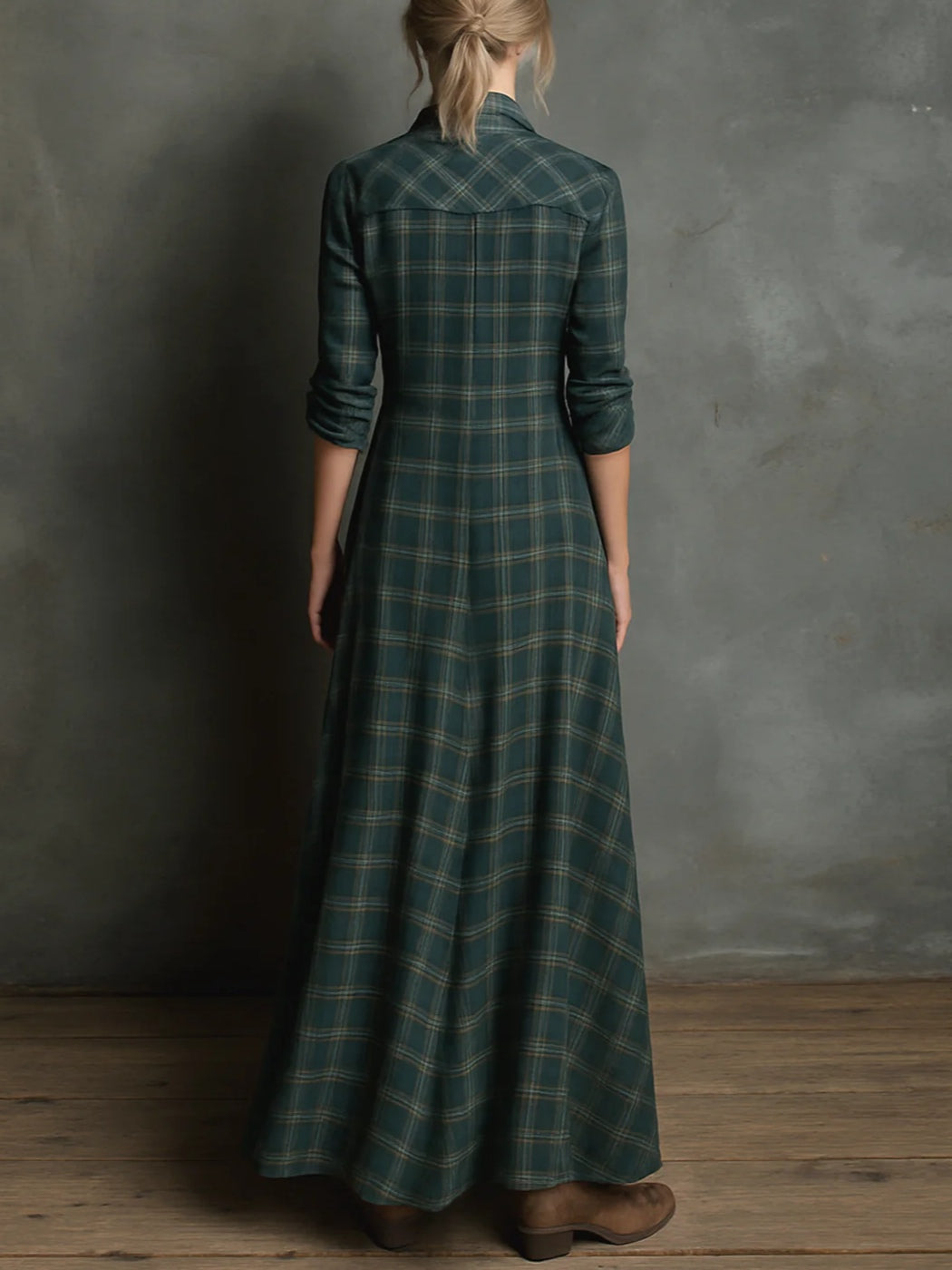 Women's checked dress in green with a structured boho silhouette, styled for casual and smart-casual outfits.
