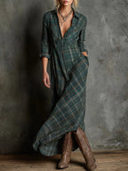 Women's checked dress in green with a structured boho silhouette, styled for casual and smart-casual outfits.