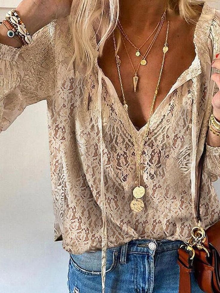 Women’s Elegant Boho V Neck Blouse – Relaxed Summer Top Khaki