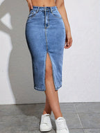 Women’s Stretch Denim Long Skirt with High Waist and Slit Blue